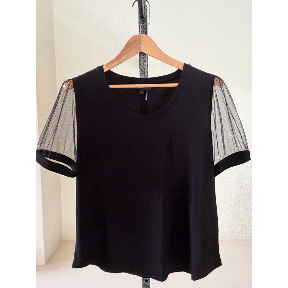 DKNY Knit Top Womens L Black Sheer Net Short Sleeve Scoop Neck Stretch